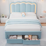 Twin Upholstered LED Bed Frame with Storage Drawer and Adjustable Chic Double Wavy Headboard, Velvet Princess Platform Bed for Kids/Girls, Solid Wood Slats Support, No Box Spring Needed, Beige