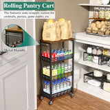 Utility Slim Storage Cart, 4 Tier Small Rolling Kitchen Laundry Room Cart with Wood Top, Metal Narrow Bathroom Storage Cabinet Mobile Shelf Unit Organizer Trolley with Handle for Narrow Space