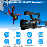 Video Camera 4K HD Auto Focus Camcorder 48MP 60FPS 30X Digital Zoom Camera for YouTube LED Function 4500mAh Battery with Handheld Stabilizer, Remote Control,Microphone and 64G SD Card